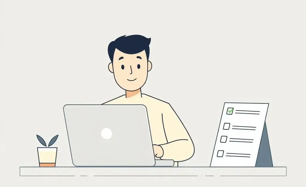 A minimalist cartoon of a person planning finances on a laptop with a checklist beside them.