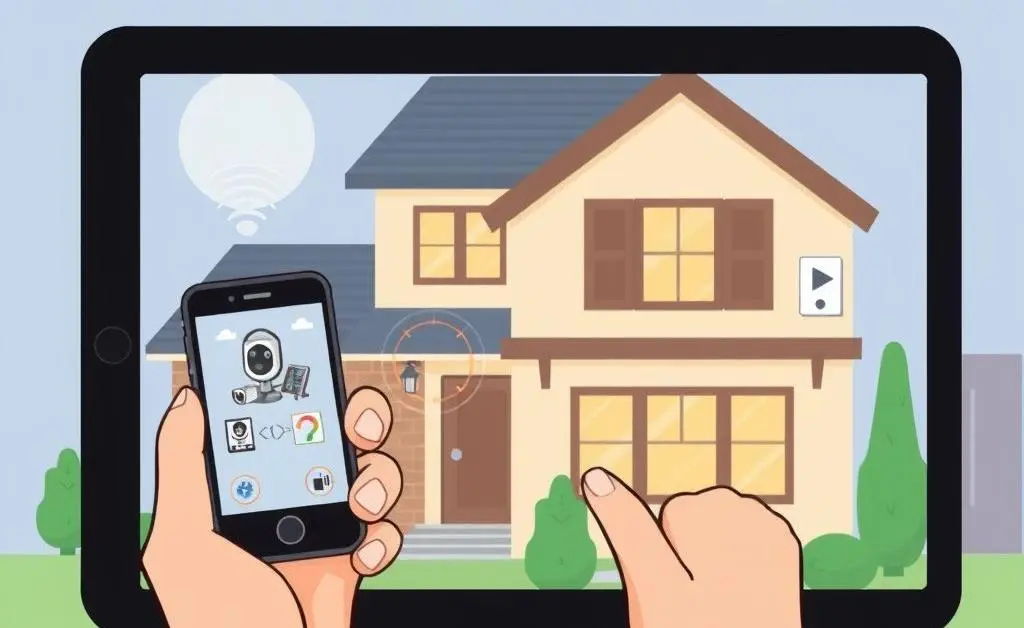 Illustration of a smartphone controlling home security devices