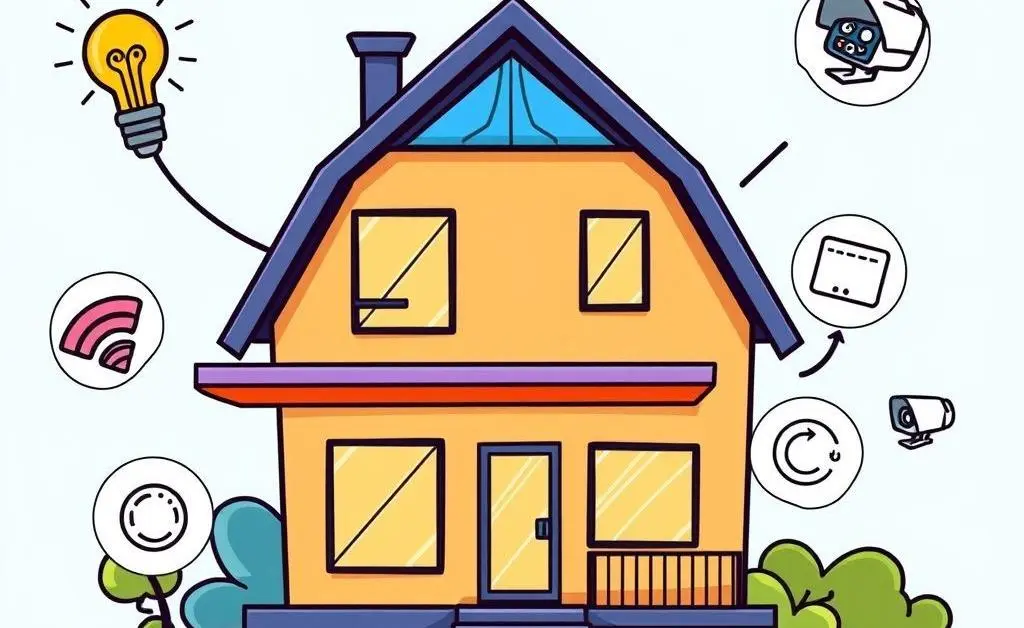Cartoon of smart home with automated functionalities