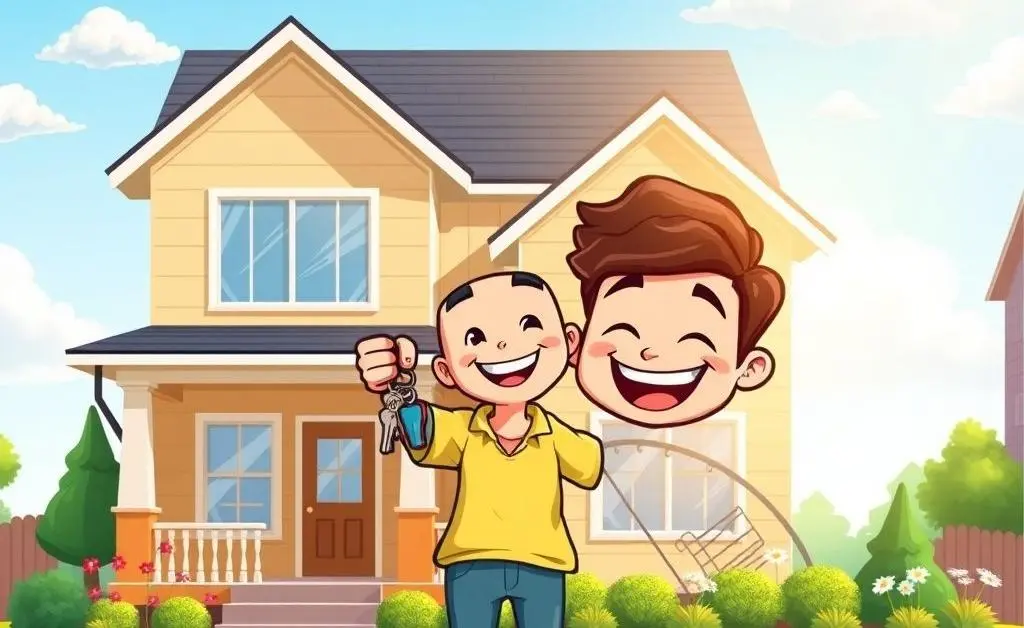 Cartoon of a happy homebuyer holding keys in front of a new house