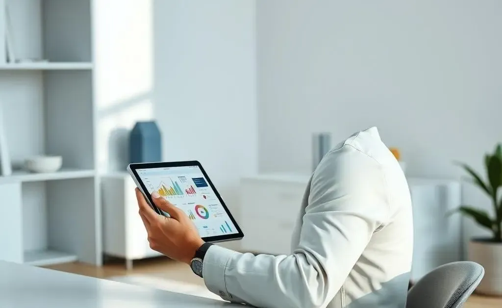 Person holding a tablet with graphs and charts