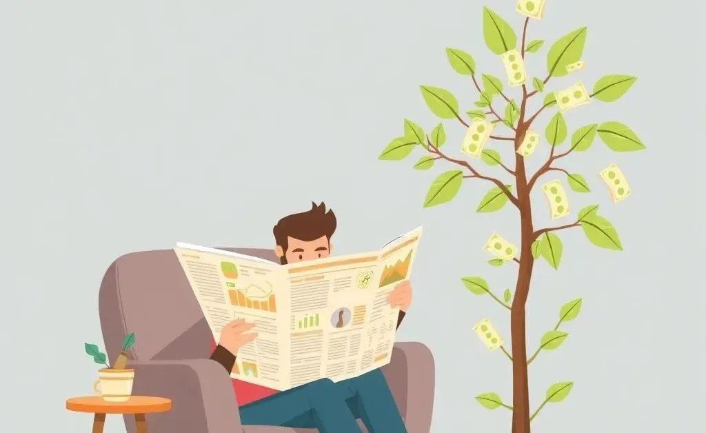 An illustration of a person reading a financial paper next to a money tree.