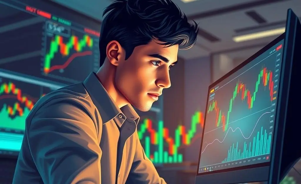 Illustration of a person analyzing stock market trends on a computer.