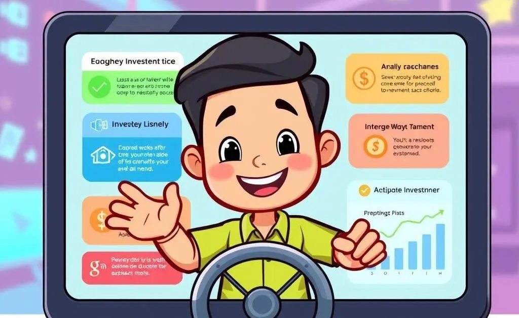 Cartoon representation of a person navigating through simple investing tips on a digital screen.