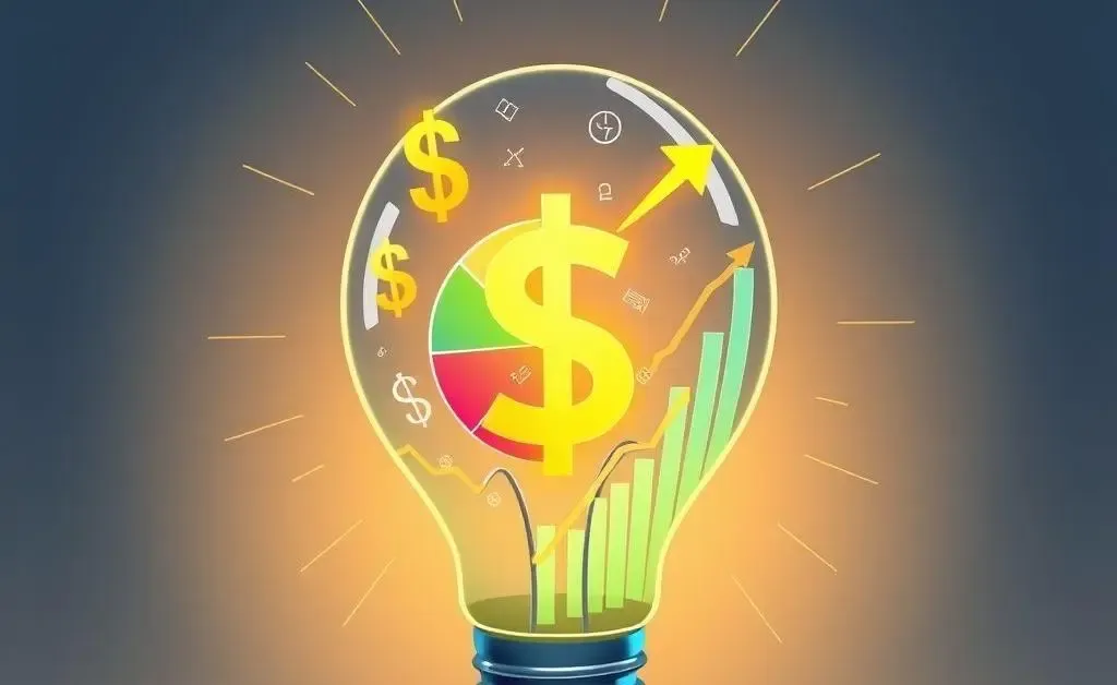 Light bulb with dollar signs and a pie chart representing investing insights