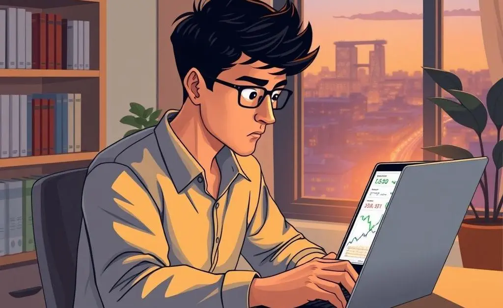 An illustration showing a person studying or learning about investments on a laptop.
