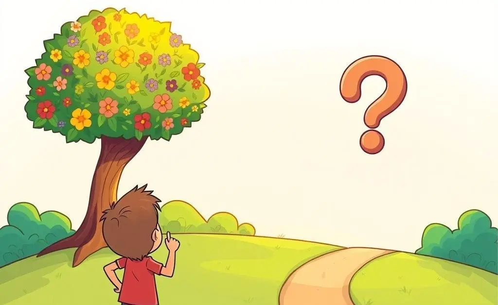 A cartoon of a person looking at two pathways: one leading to a blooming tree representing growth, another leading to a question mark.