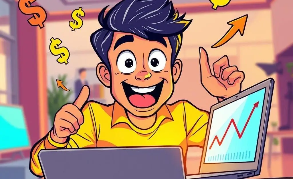 Cartoon-style image of a person excitedly looking at a stock market chart on a laptop.