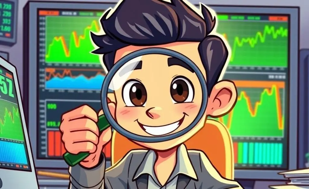 Cartoon-style person with a magnifying glass and stock charts planning strategy