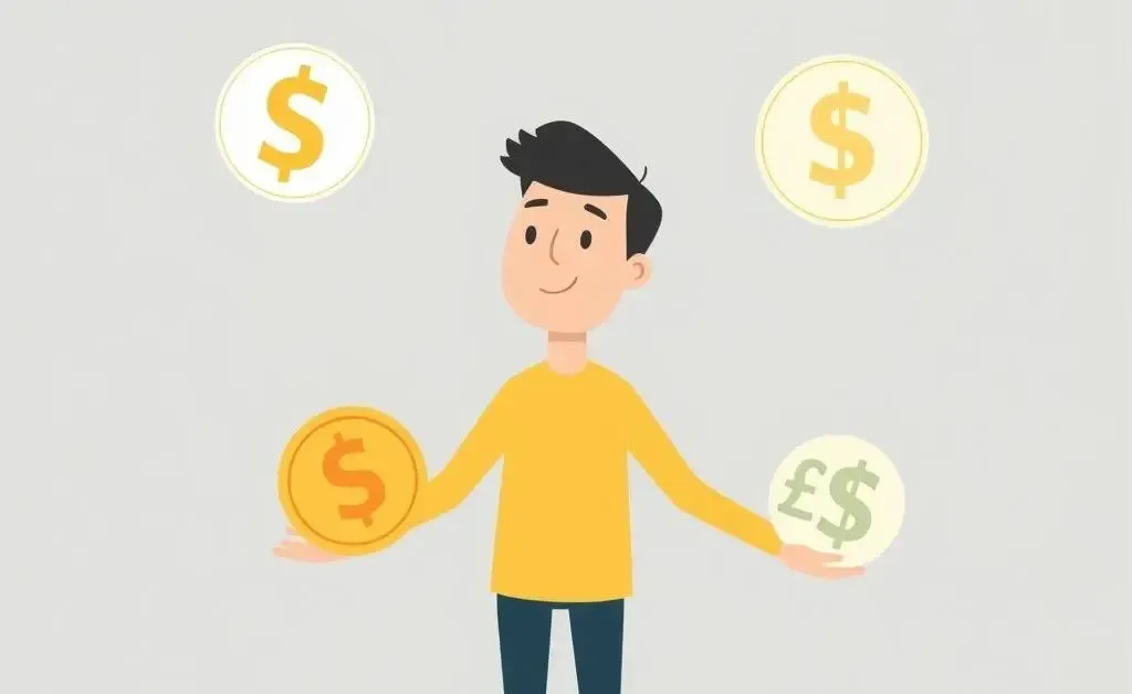 A minimalist cartoon of a person balancing different currency symbols while planning investments.