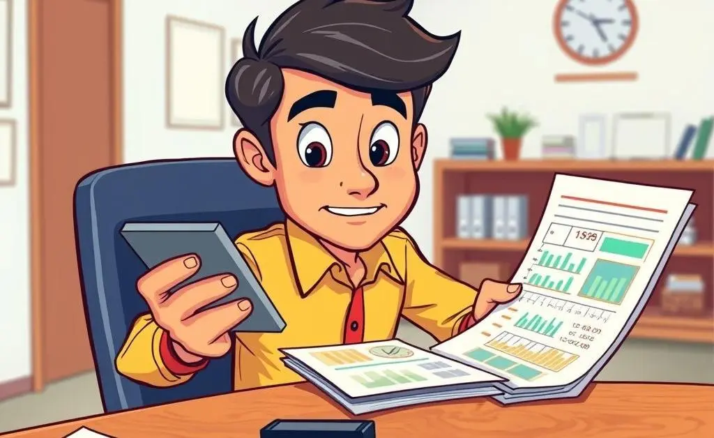 Investor calculating finances with a calculator and desk papers
