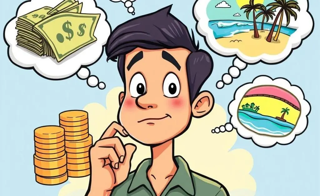 Person making money decisions with thought bubbles.