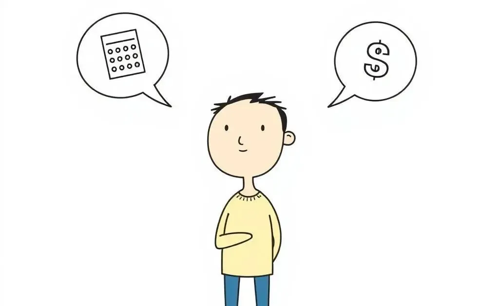 Person calmly considering money decisions with calculator and savings icon
