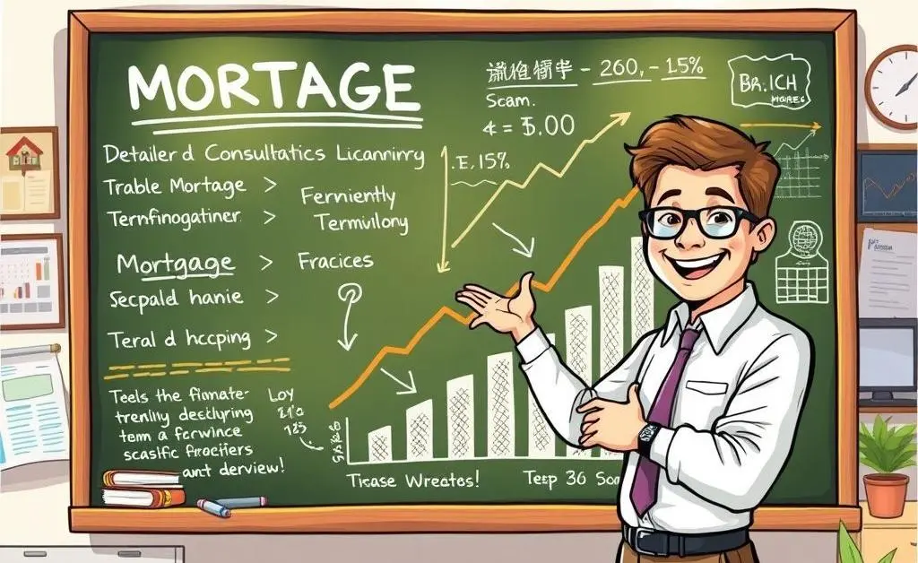 Advisor pointing at a chalkboard with mortgage terms