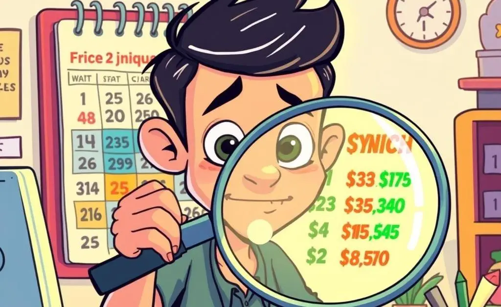 Cartoon-style image of a person looking through magnifying glass at a calendar with varying prices.