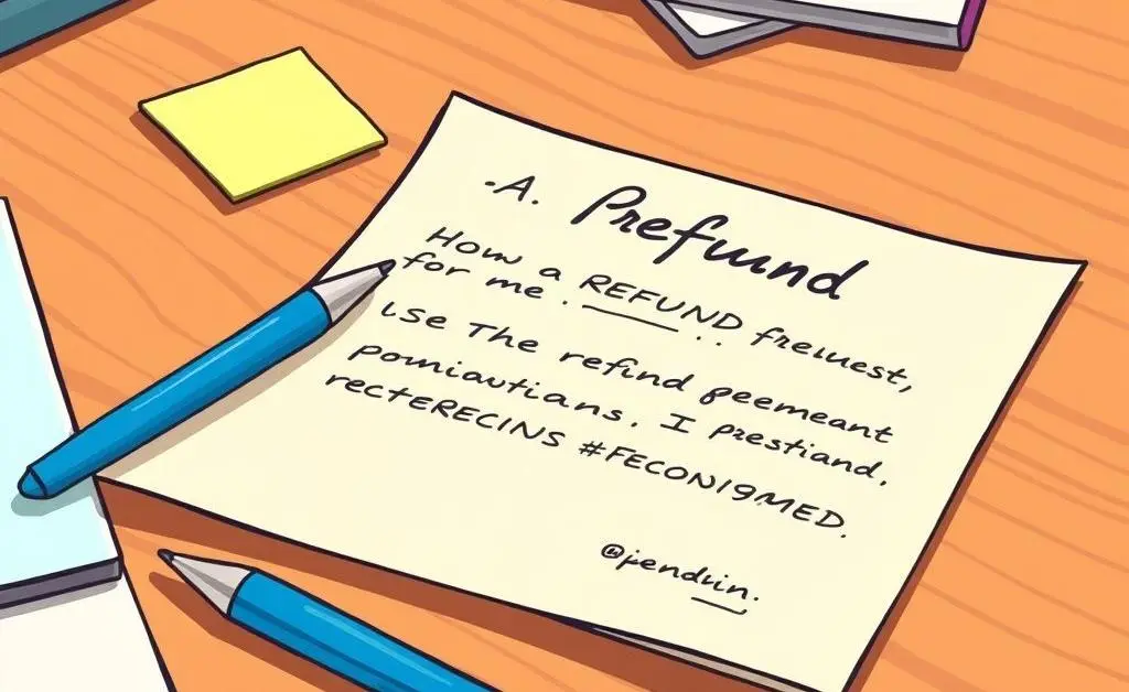 A close-up of a neatly written refund request letter on a desk