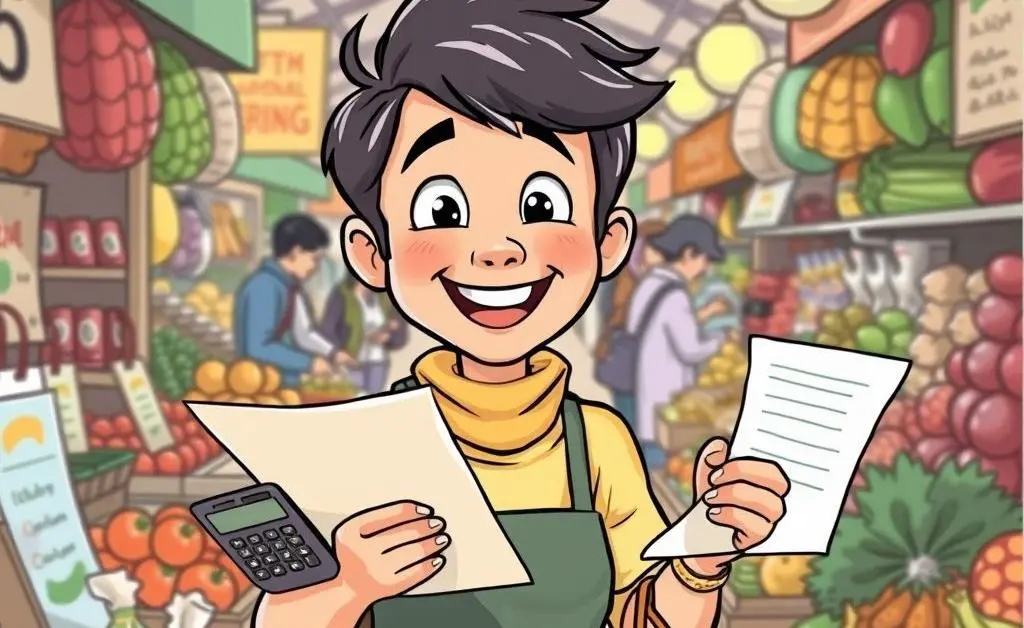 A person shopping with a list in a bustling market.