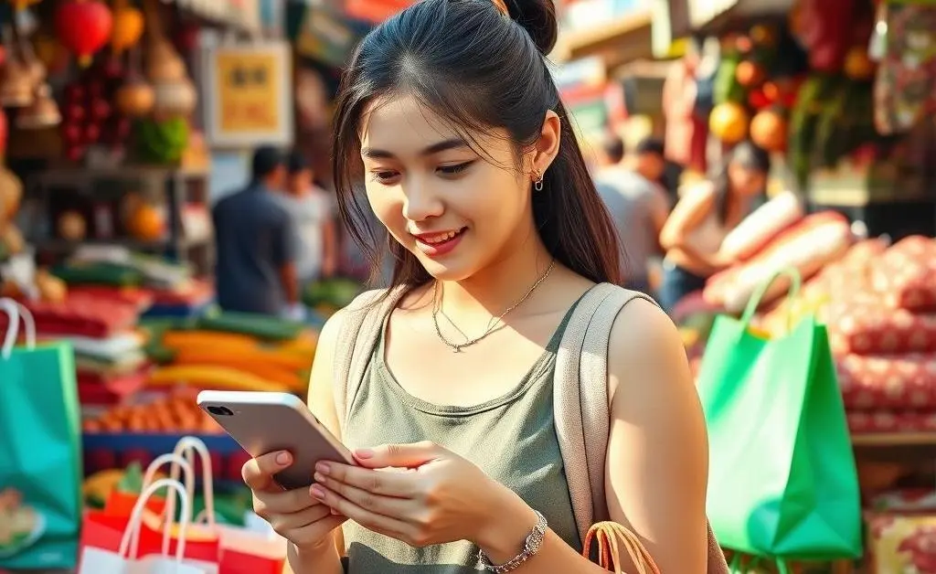 An international student using a smartphone for budgeting.