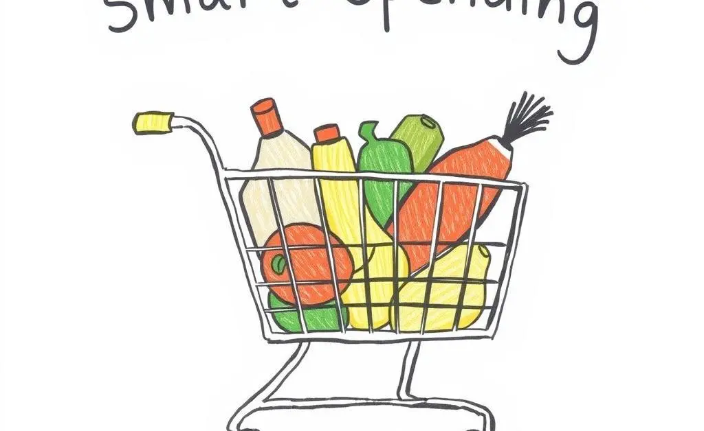 A hand-drawn image of a shopping cart filled with groceries, symbolizing smart spending.