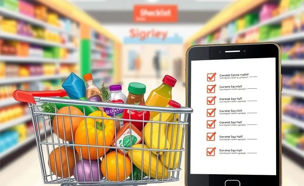 Drawing of a shopping cart with a smart shopping checklist beside it.