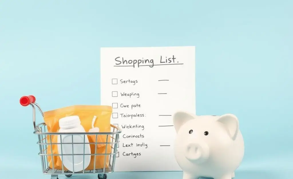 Minimalist image of a shopping list including essentials and a piggy bank
