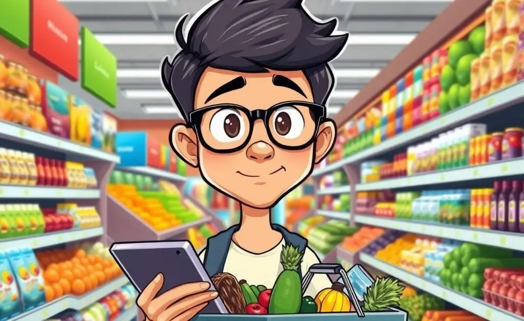 A person intelligently shopping, weighing options at a grocery store.