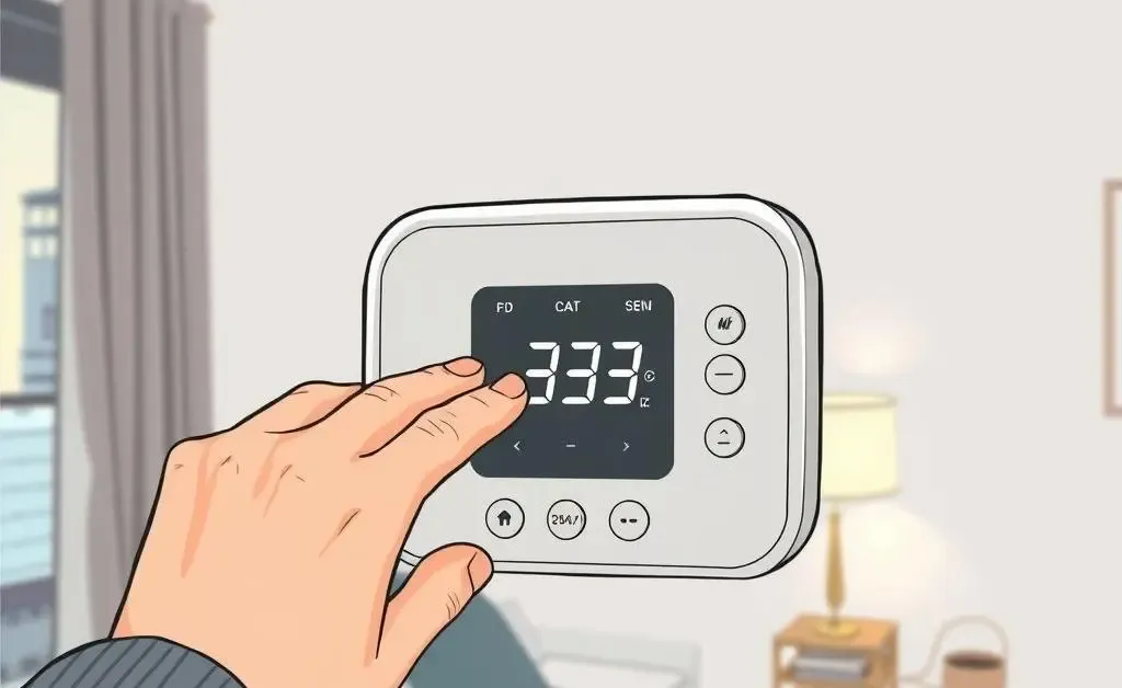 A hand-drawn, modern thermostat being adjusted by a person, symbolizing temperature control in an apartment.