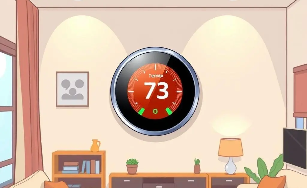 A cartoonish illustration of a smart thermostat on a wall