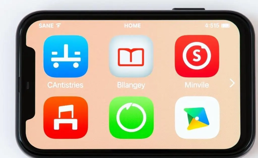 A smartphone displaying neatly arranged apps categorized by their icons.