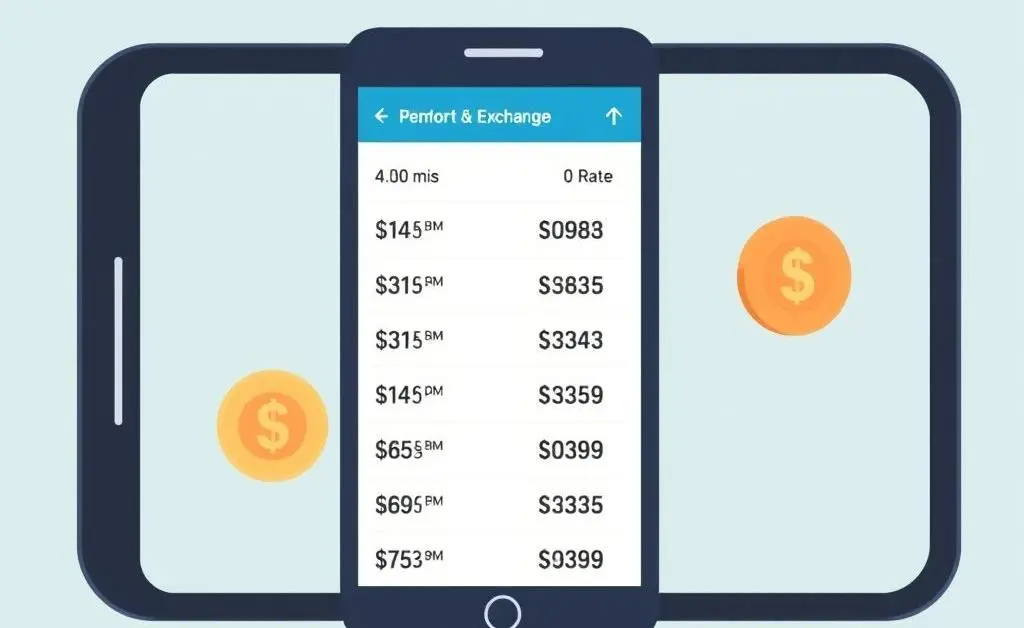 Illustration of smartphone displaying currencies