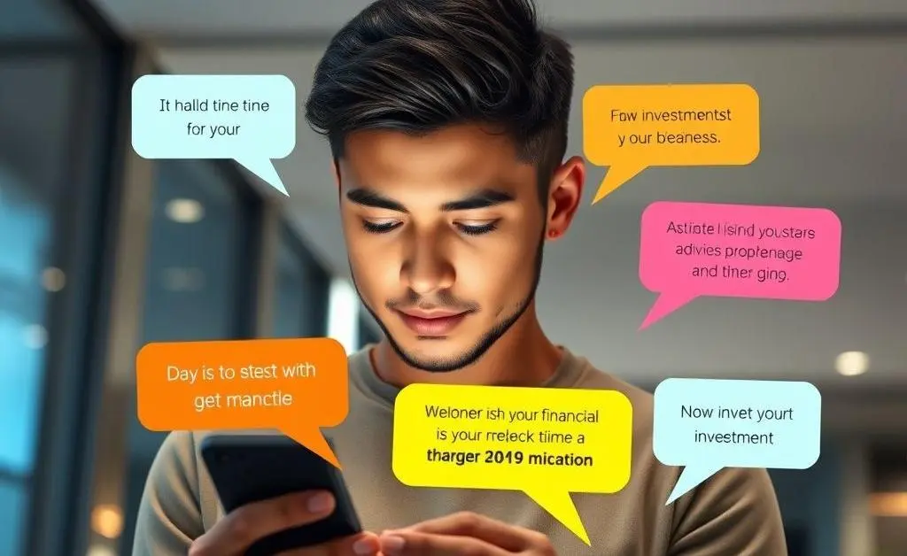 A person looking at their smartphone with messages popping up, representing financial advice