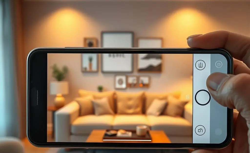 A smartphone being used to photograph a sofa in a living room
