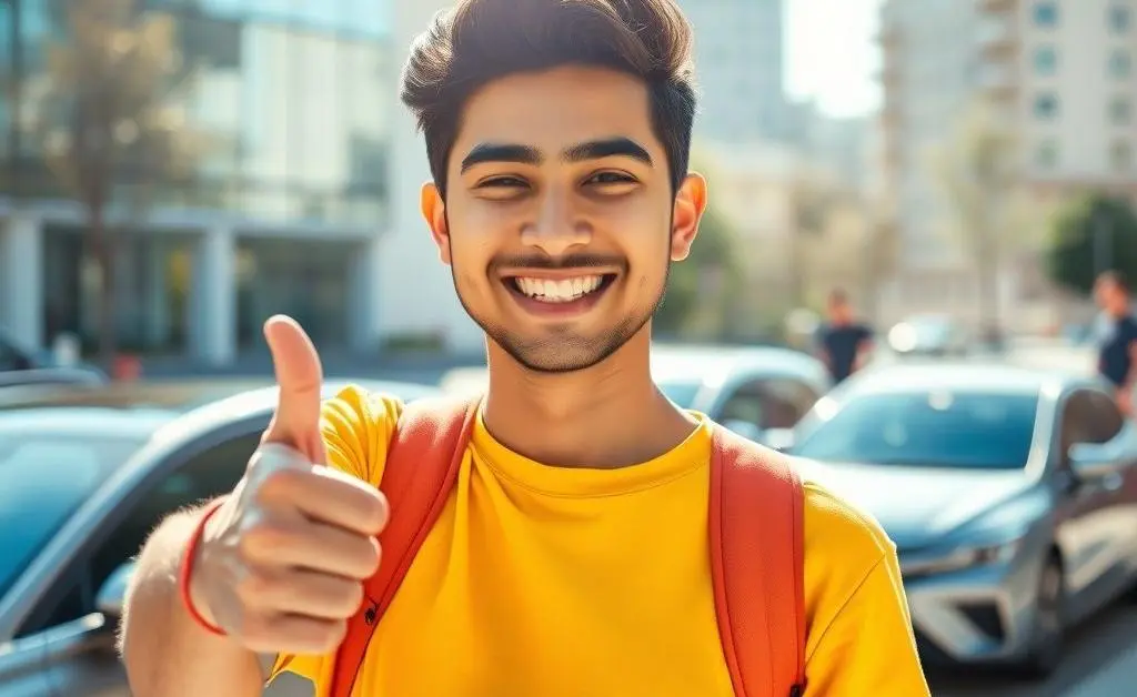 Happy person holding a thumbs up after selecting a car insurance policy.