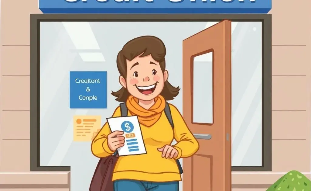 A happy customer leaving a credit union, holding a pamphlet