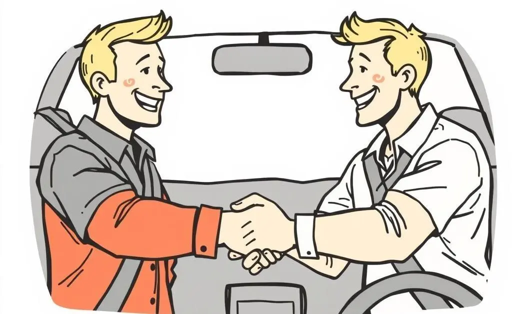 Hand-drawn style illustration of two drivers smiling and shaking hands