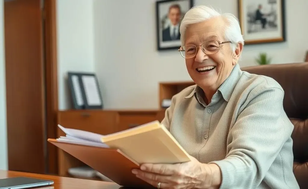 An elderly person smiling while holding a folder of medical documents, sitting at a desk.