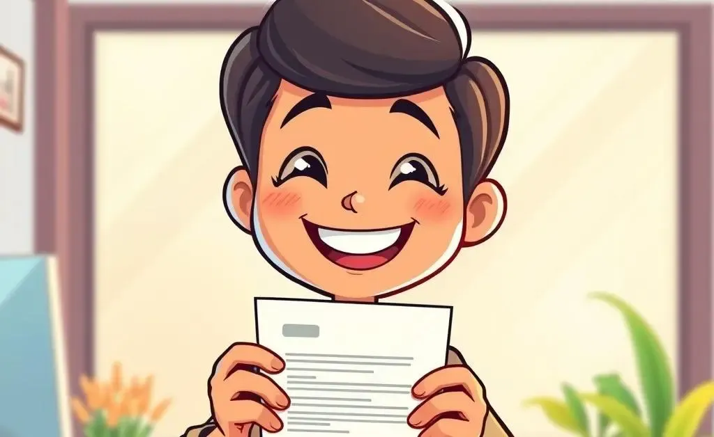 Cartoon of a smiling employee holding a printed email looking relieved