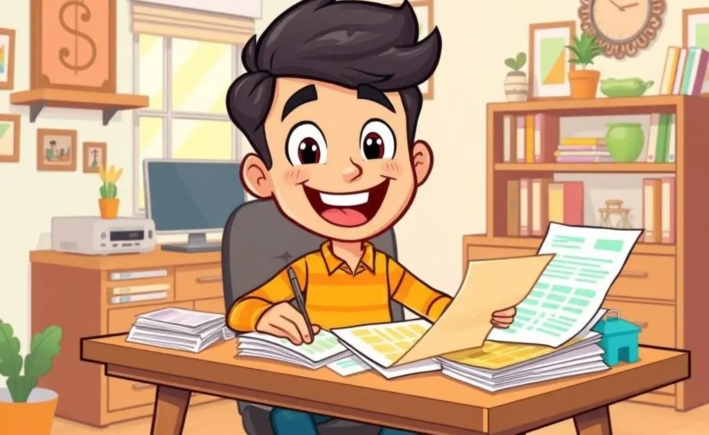 A happy home buyer sitting at a desk browsing mortgage documents.