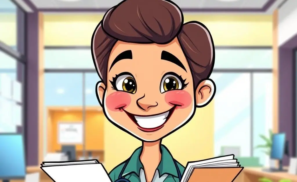 A smiling insurance agent with paperwork in an office setting