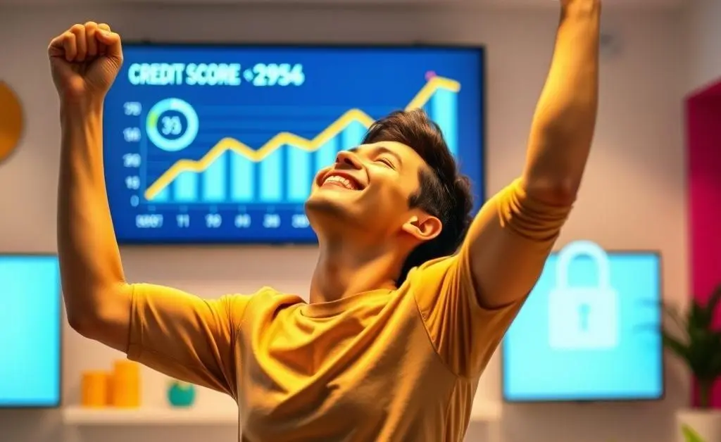 A person happily celebrating a good credit score.