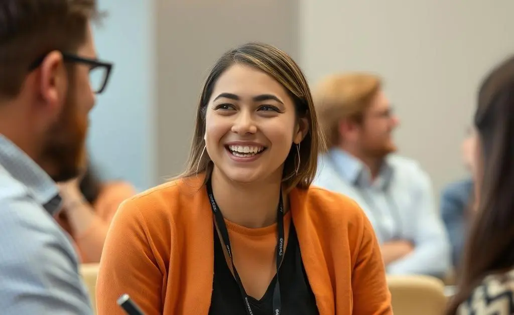 A person smiling and taking notes while engaging in a conversation