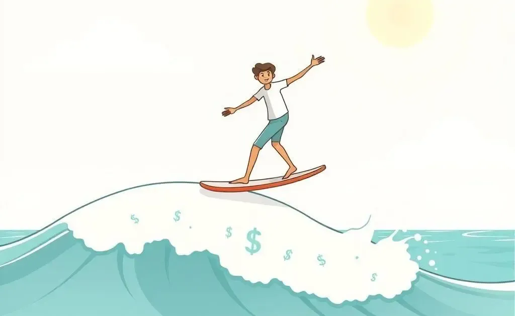A person riding a calm financial wave, representing a stable investment journey with bonds.