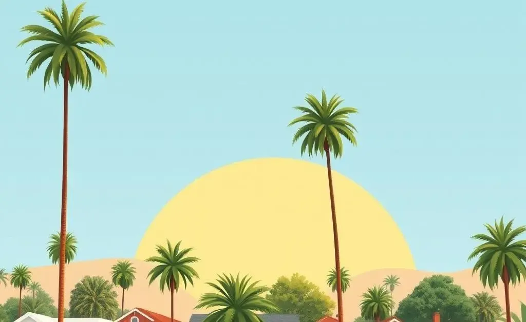 A minimalist illustration of a Southern California neighborhood with palm trees, sunny skies, and a row of diverse homes.