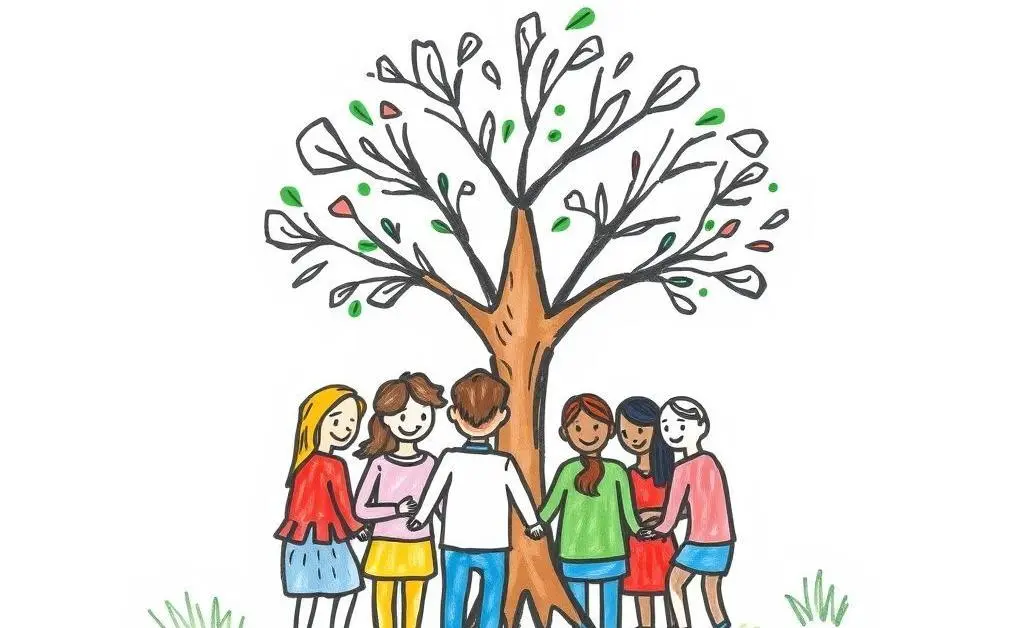 Friends gathered under a tree, symbolizing social connections.