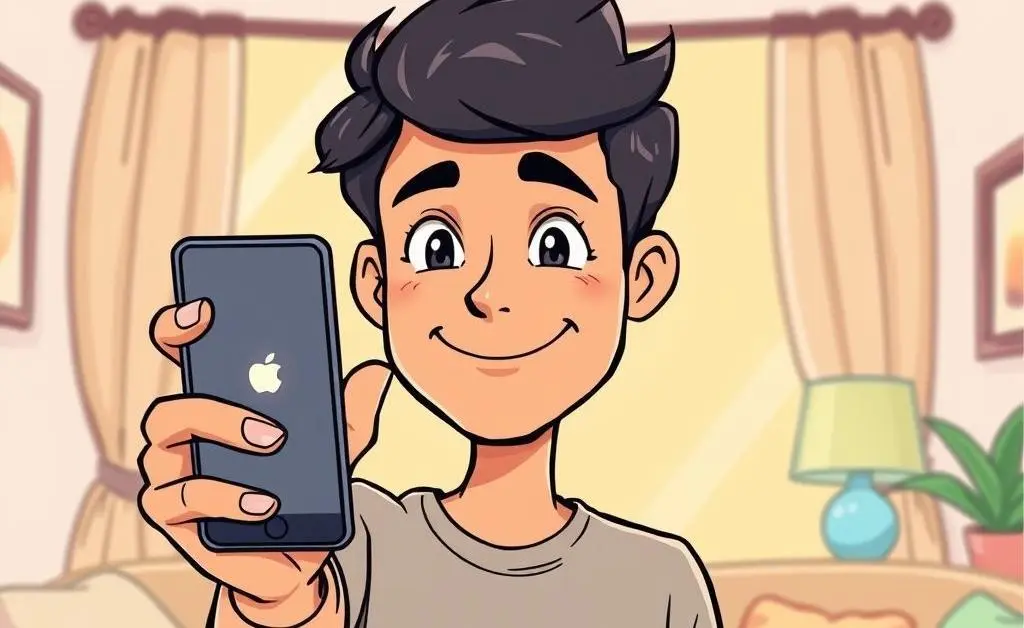 Cartoon of a person turning off their smartphone, looking content.