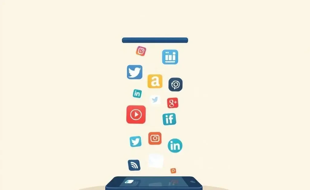 Minimalist illustration of social media icons cascading from a smartphone.