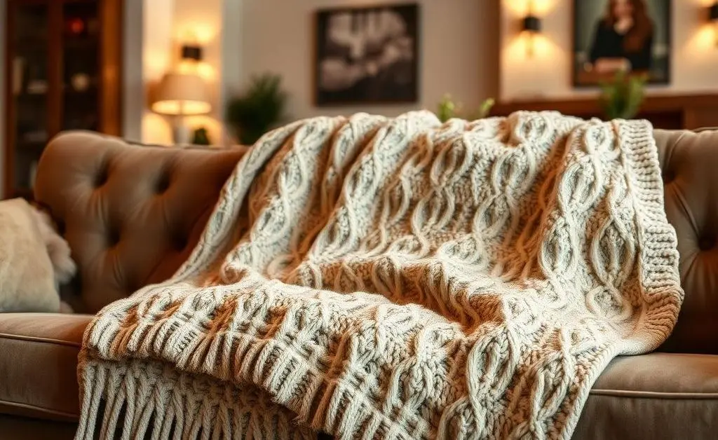 A soft blanket draped over a plush couch in a living room scene