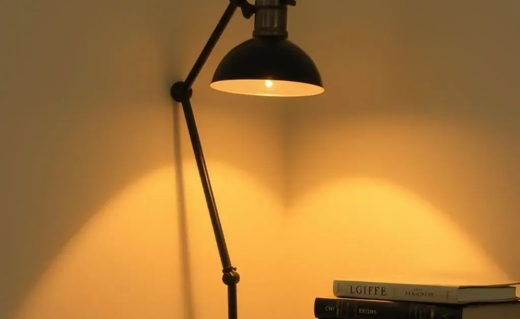 A corner lamp emitting soft, warm light near a pile of books