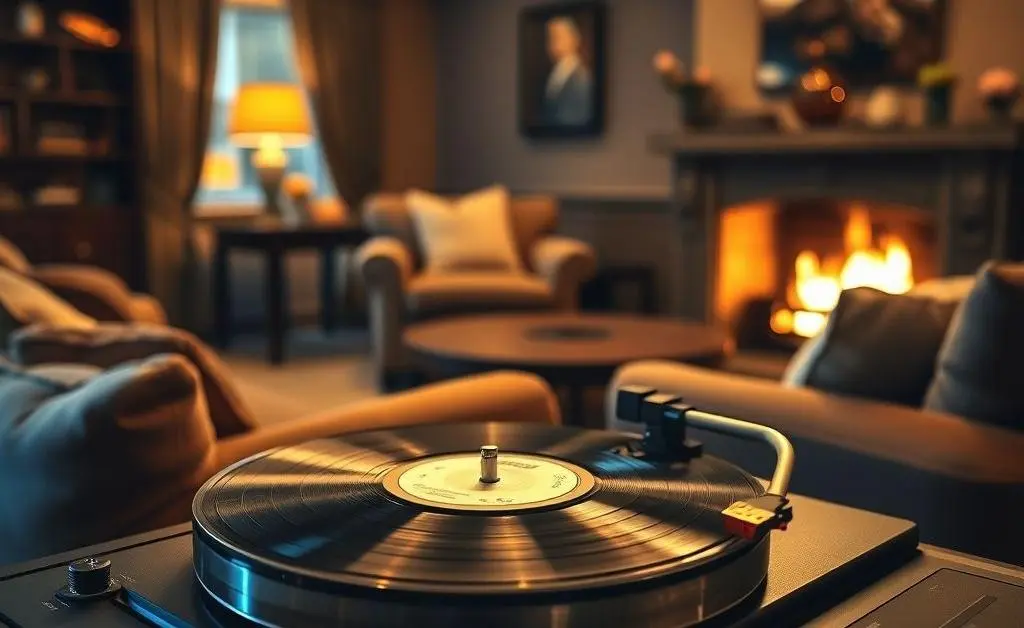A record player with softly playing music in a cozy, well-lit room