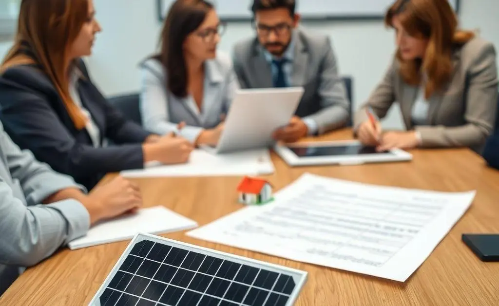 People discussing a real estate document and a miniature solar panel